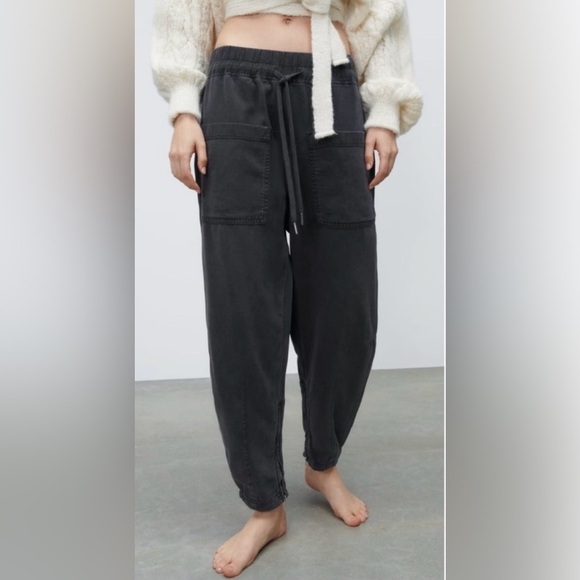 Zara The Simone Barrel Fit Pants Drawstring Waist Zipper Ankle Tapered - Picture 5 of 15